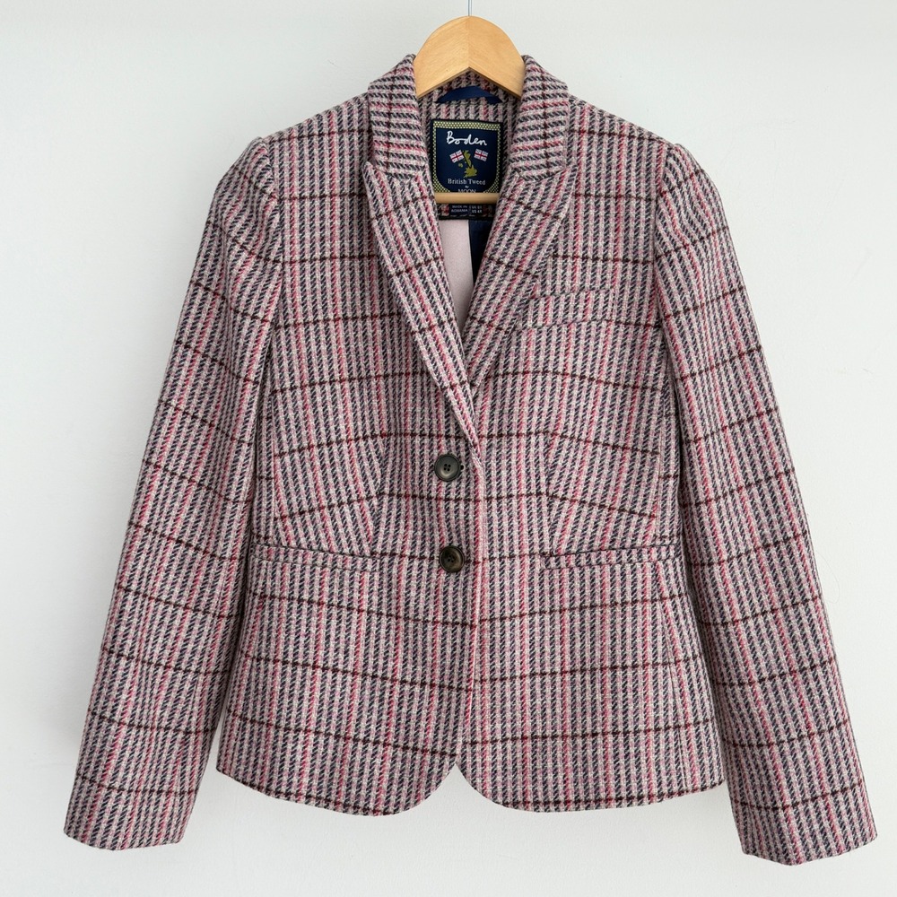 Boden Blazer Womens 4R Pink British Tweed Moon Wool Plaid Preppy Career Jacket